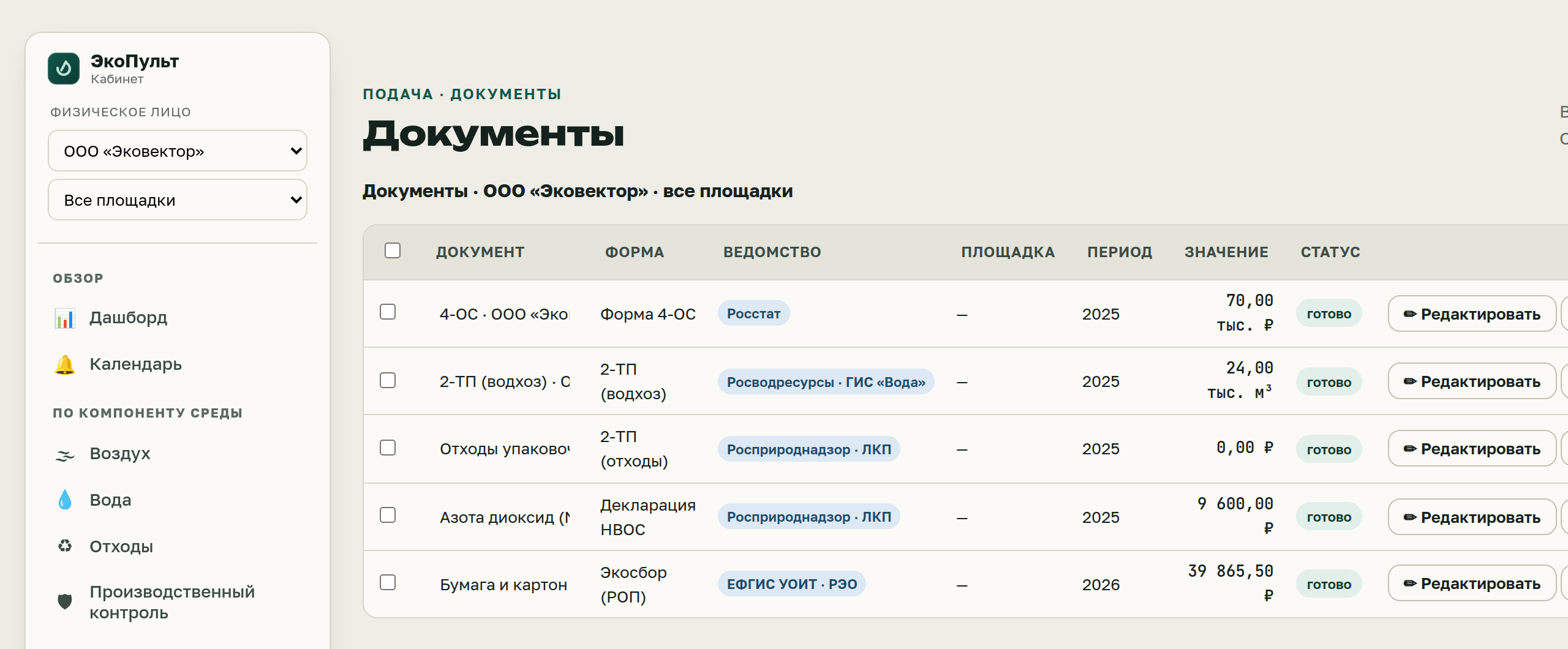 Таблица документов ЭкоПульт с ведомством, периодом, суммой, статусом и кнопками подачи по каждому расчёту